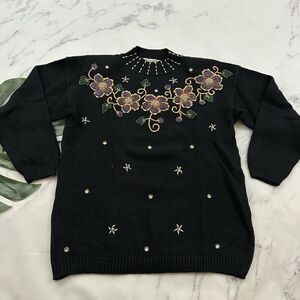 Victoria Jones Womens Vintage 90s Beaded Floral Sweater Size S Black Gold